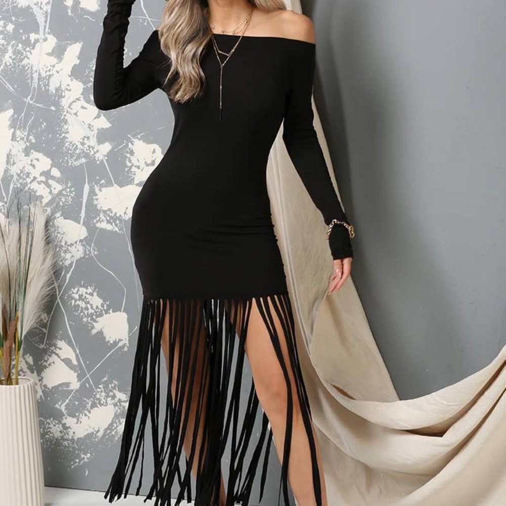 **New Never Worn** Off Shoulder Fringe Maxi Dress-Black - Picture 6 of 8